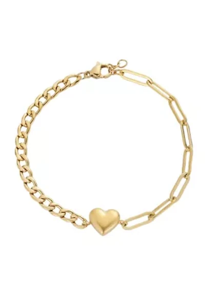 Tarnish Resistant 18k Gold Plated Heart Mixed Chain Bracelet