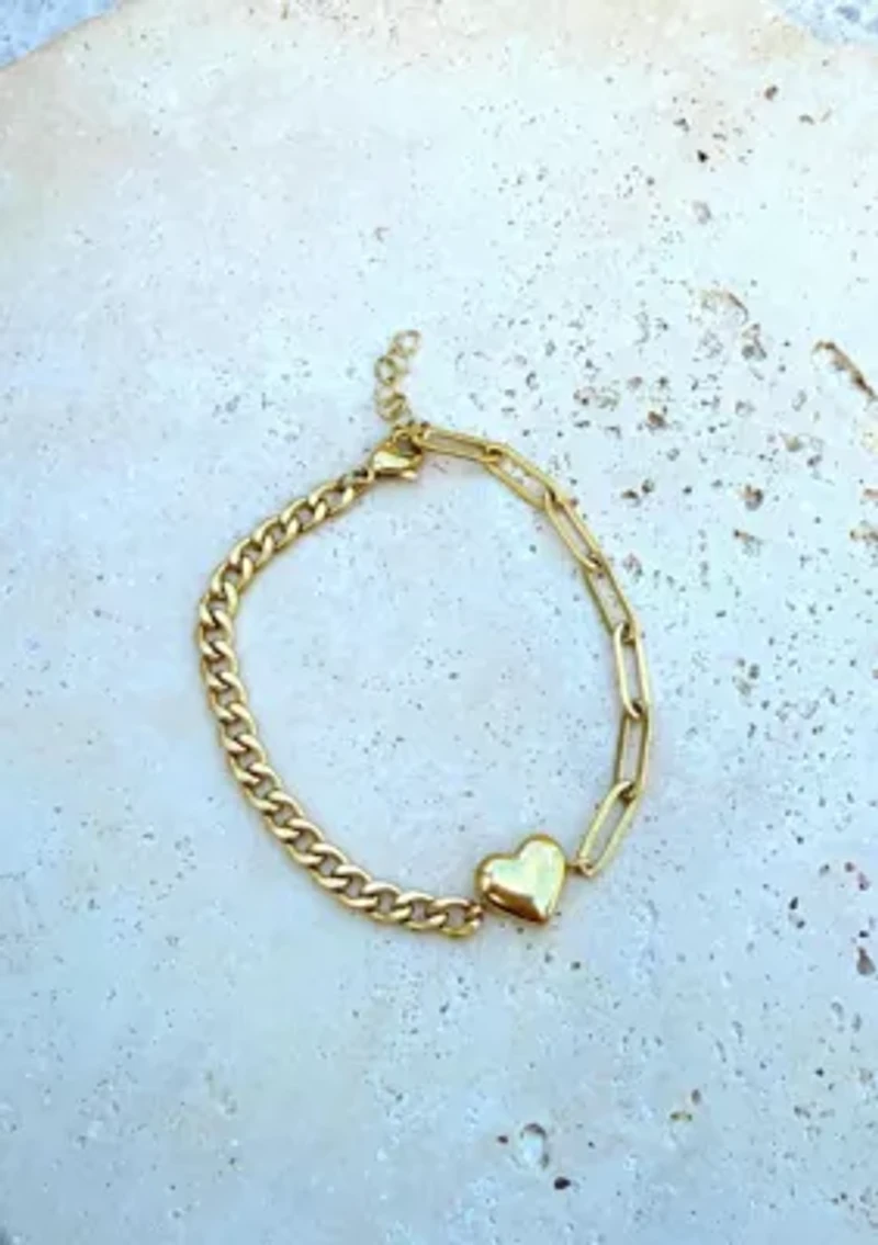 Tarnish Resistant 18k Gold Plated Heart Mixed Chain Bracelet
