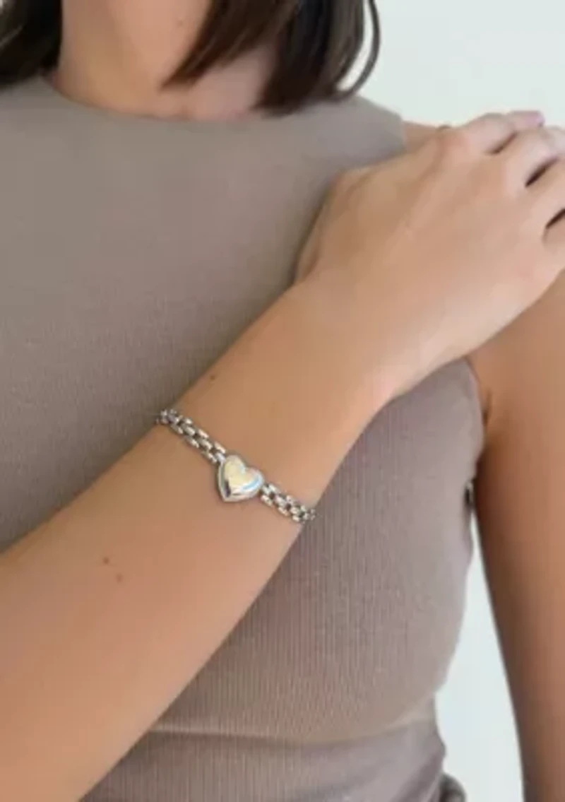 Tarnish Resistant Silver Heart Grid Chain Bracelet