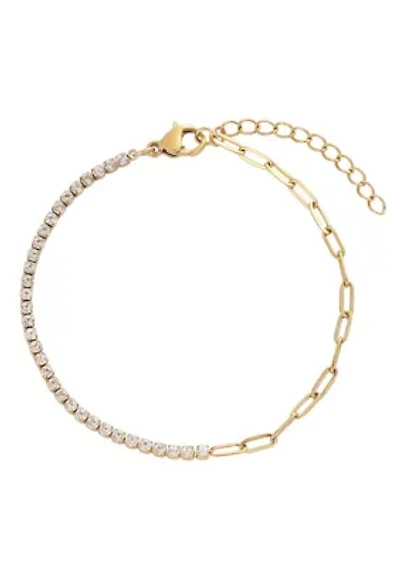 Tarnish Resistant 18k Gold Plated Half Tennis and Paperclip Chain Bracelet