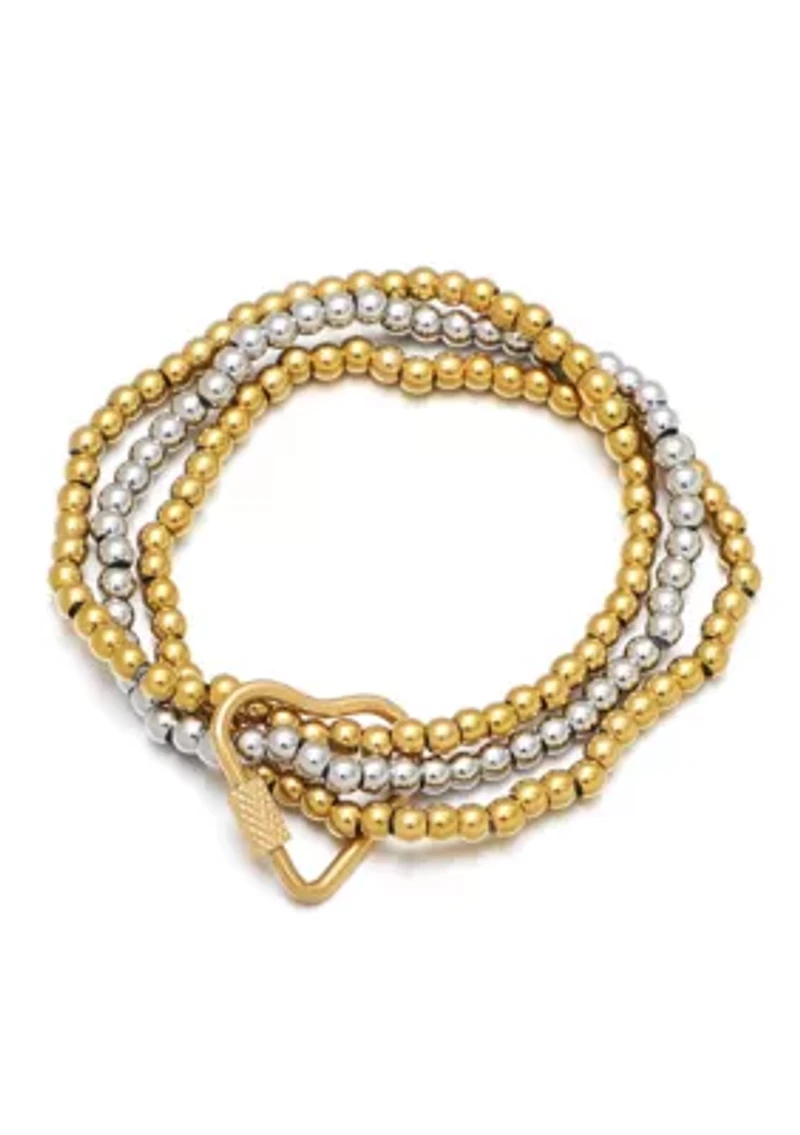 Tarnish Resistant 18k Gold Plated and Silver Bead Bracelet with Heart Lock Set