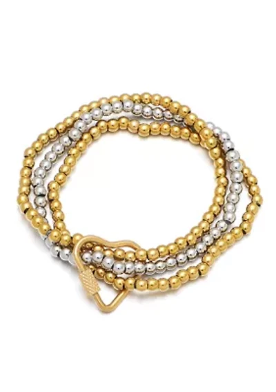 Tarnish Resistant 18k Gold Plated and Silver Bead Bracelet with Heart Lock Set