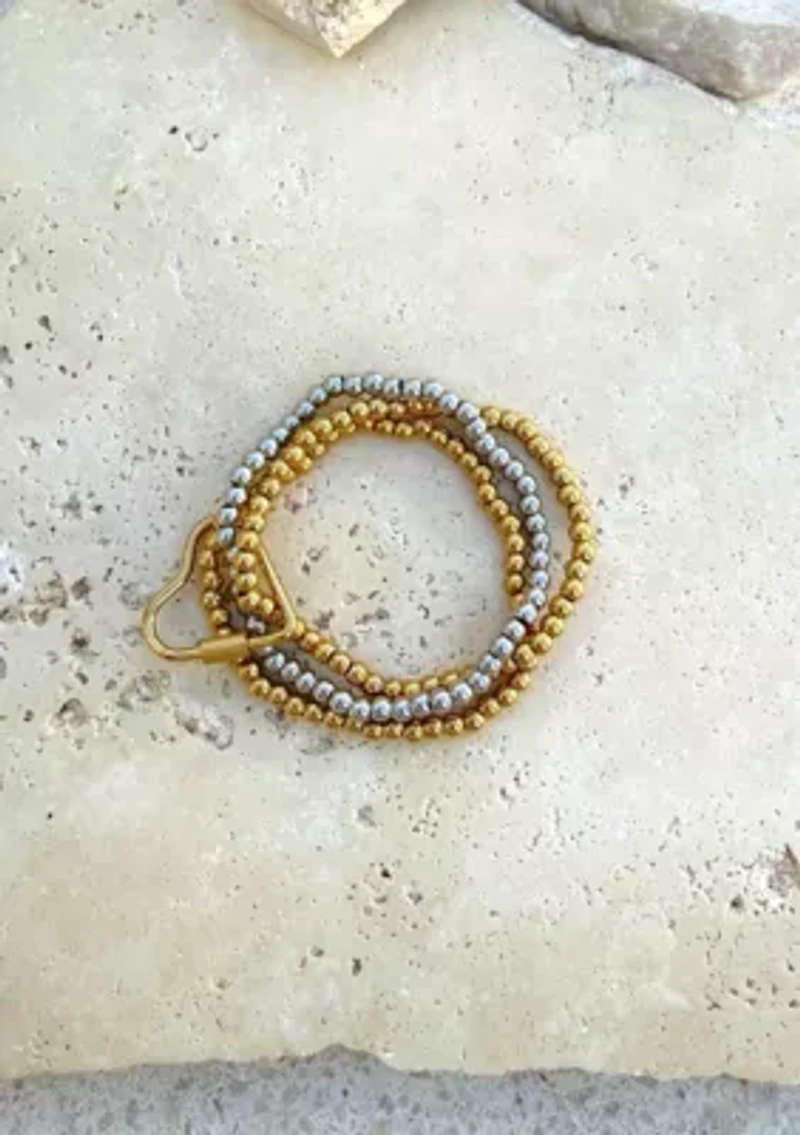 Tarnish Resistant 18k Gold Plated and Silver Bead Bracelet with Heart Lock Set
