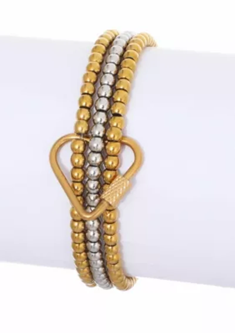 Tarnish Resistant 18k Gold Plated and Silver Bead Bracelet with Heart Lock Set