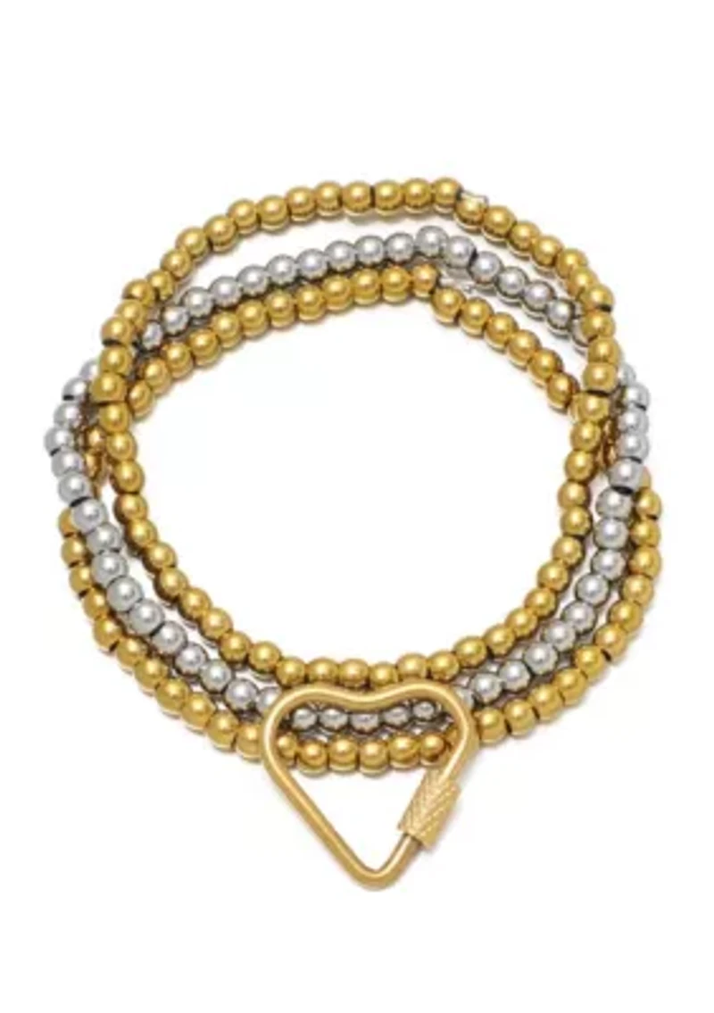 Tarnish Resistant 18k Gold Plated and Silver Bead Bracelet with Heart Lock Set