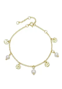 14k Gold Plated Freshwater Pearl and Coin Charm Bracelet