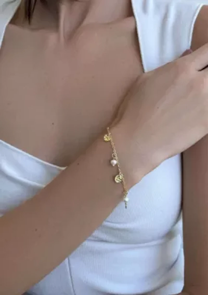 14k Gold Plated Freshwater Pearl and Coin Charm Bracelet