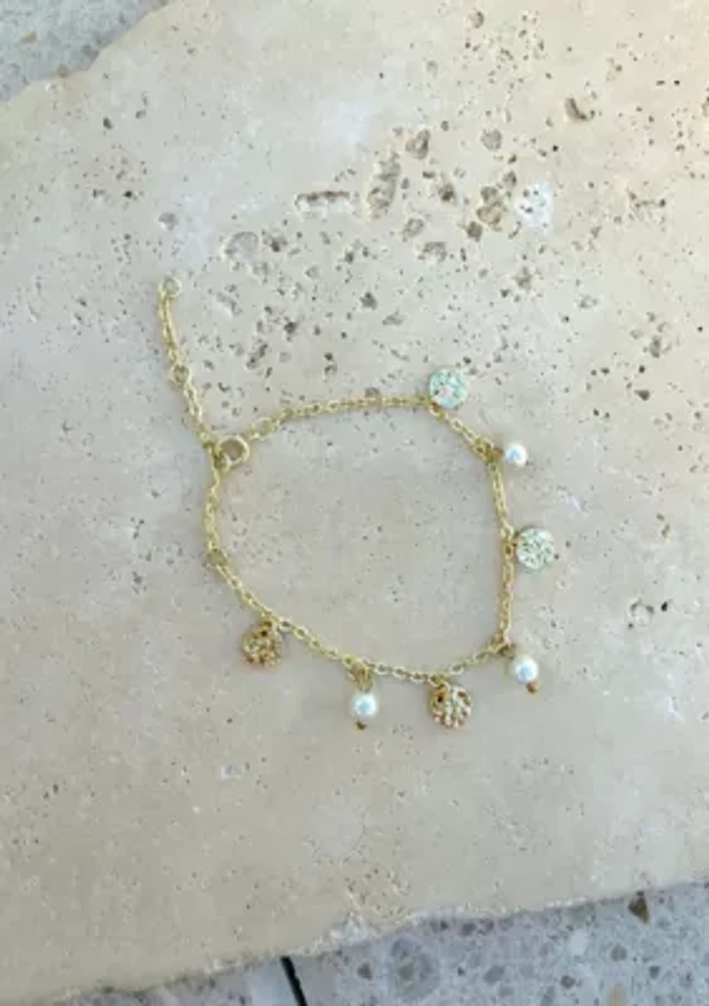 14k Gold Plated Freshwater Pearl and Coin Charm Bracelet