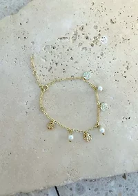 14k Gold Plated Freshwater Pearl and Coin Charm Bracelet