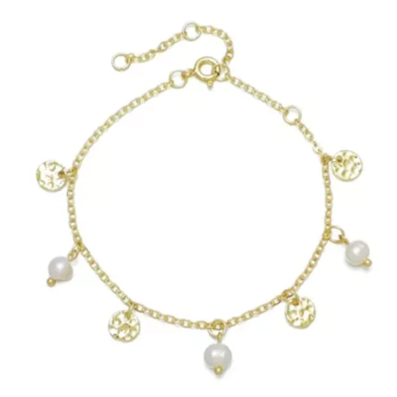14k Gold Plated Freshwater Pearl and Coin Charm Bracelet
