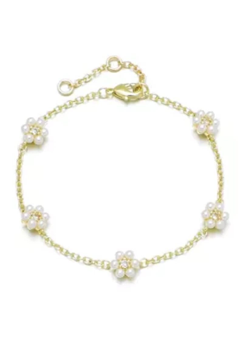 14k Gold Plated Faux Flower Station Pearl Bracelet