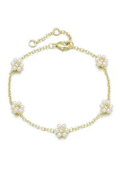 14k Gold Plated Faux Flower Station Pearl Bracelet