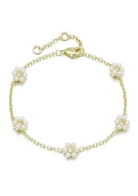14k Gold Plated Faux Flower Station Pearl Bracelet