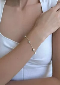 14k Gold Plated Faux Flower Station Pearl Bracelet