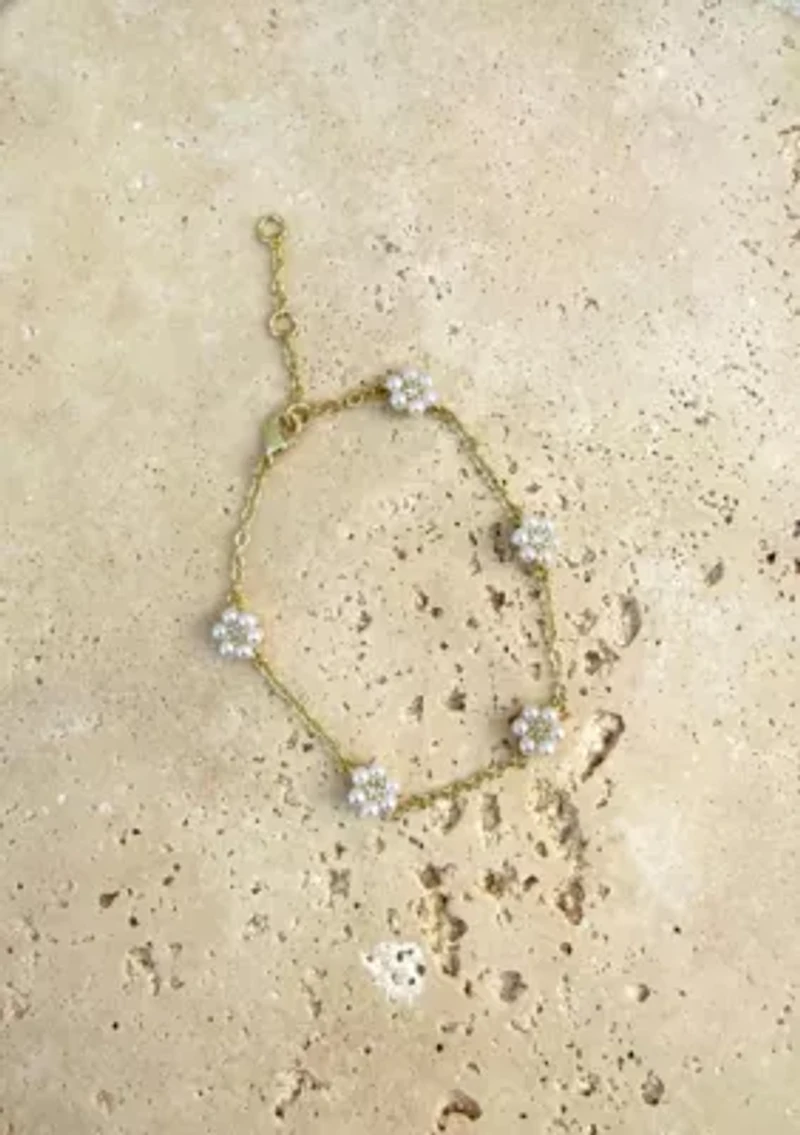 14k Gold Plated Faux Flower Station Pearl Bracelet