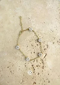 14k Gold Plated Faux Flower Station Pearl Bracelet