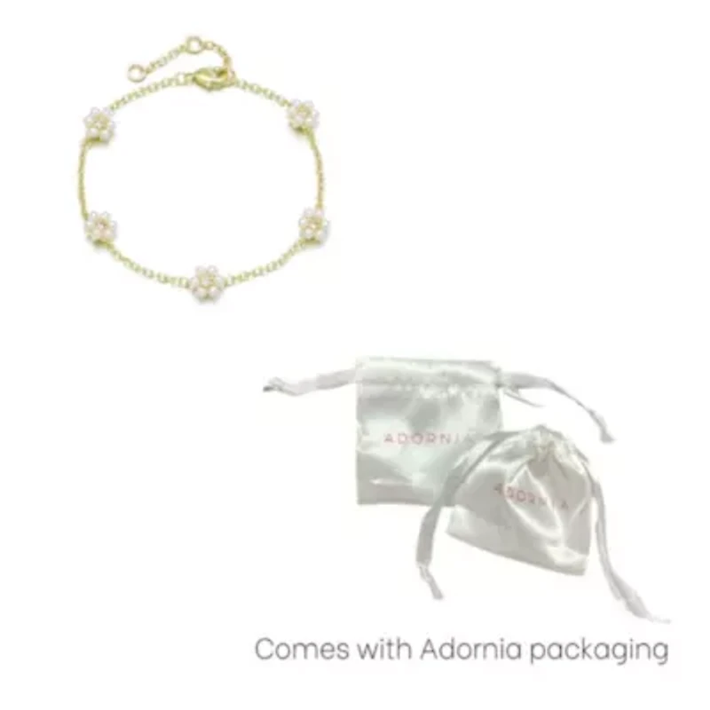 14k Gold Plated Faux Flower Station Pearl Bracelet