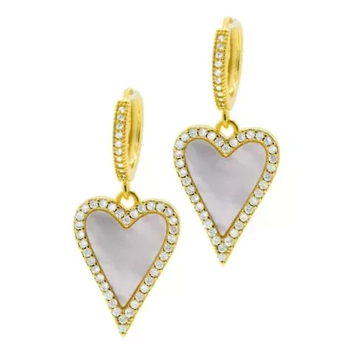 14k Gold Plated White Mother-of-Pearl Crystal Halo Heart Drop Huggie Earrings