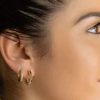 14k Gold Plated 3-Huggie Hoop Earrings Set With 1-Crystal Hoop