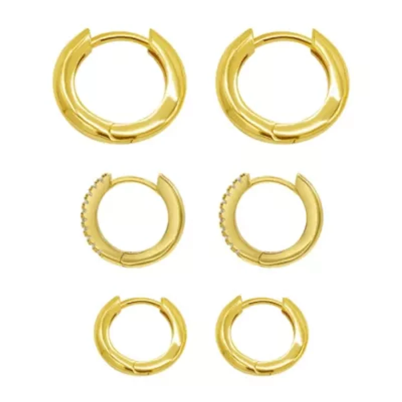 14k Gold Plated 3-Huggie Hoop Earrings Set With 1-Crystal Hoop