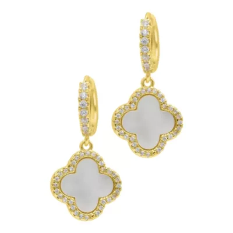14k Gold Plated Crystal Halo White Mother of Pearl Clover Dangle Huggie Earrings