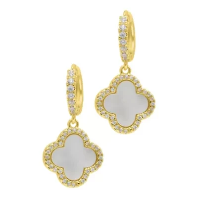 14k Gold Plated Crystal Halo White Mother of Pearl Clover Dangle Huggie Earrings
