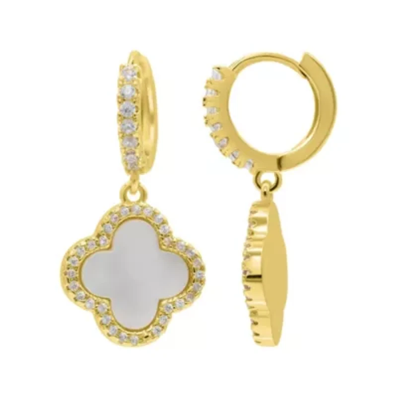 14k Gold Plated Crystal Halo White Mother of Pearl Clover Dangle Huggie Earrings