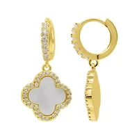 14k Gold Plated Crystal Halo White Mother of Pearl Clover Dangle Huggie Earrings