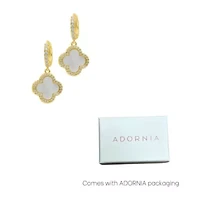 14k Gold Plated Crystal Halo White Mother of Pearl Clover Dangle Huggie Earrings