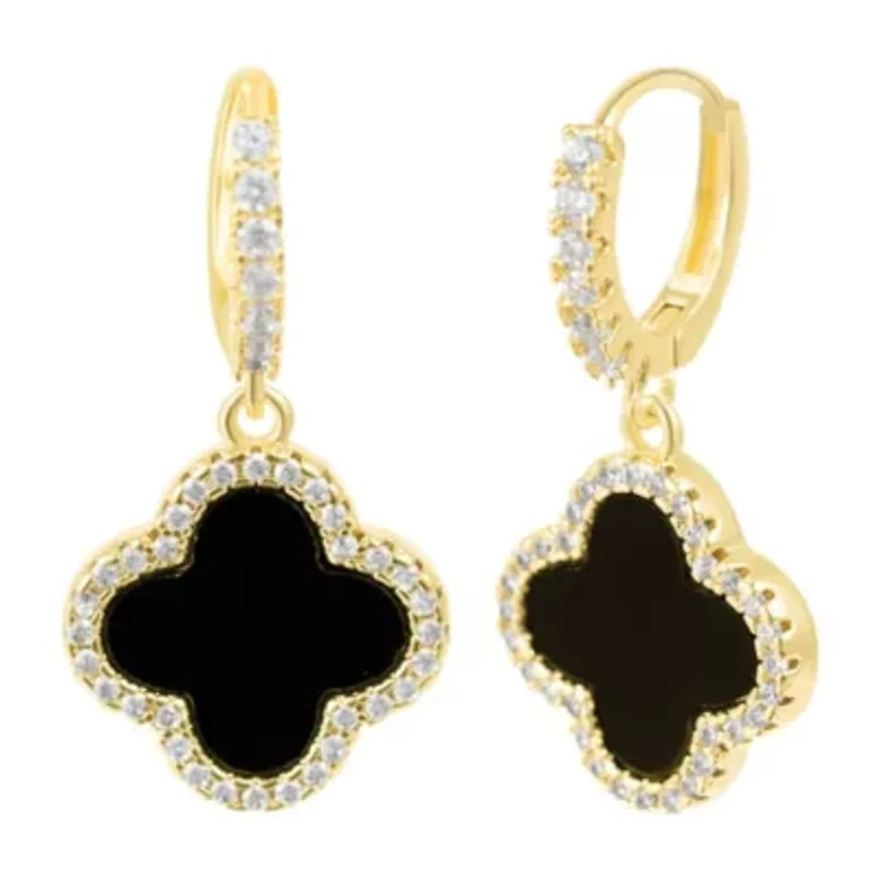 14k Gold Plated Crystal Halo Clover Dangle Huggie Earrings