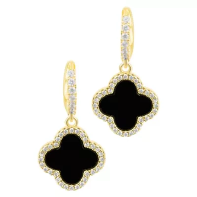 14k Gold Plated Crystal Halo Black Clover Dangle Huggie Earrings