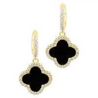 14k Gold Plated Crystal Halo Clover Dangle Huggie Earrings