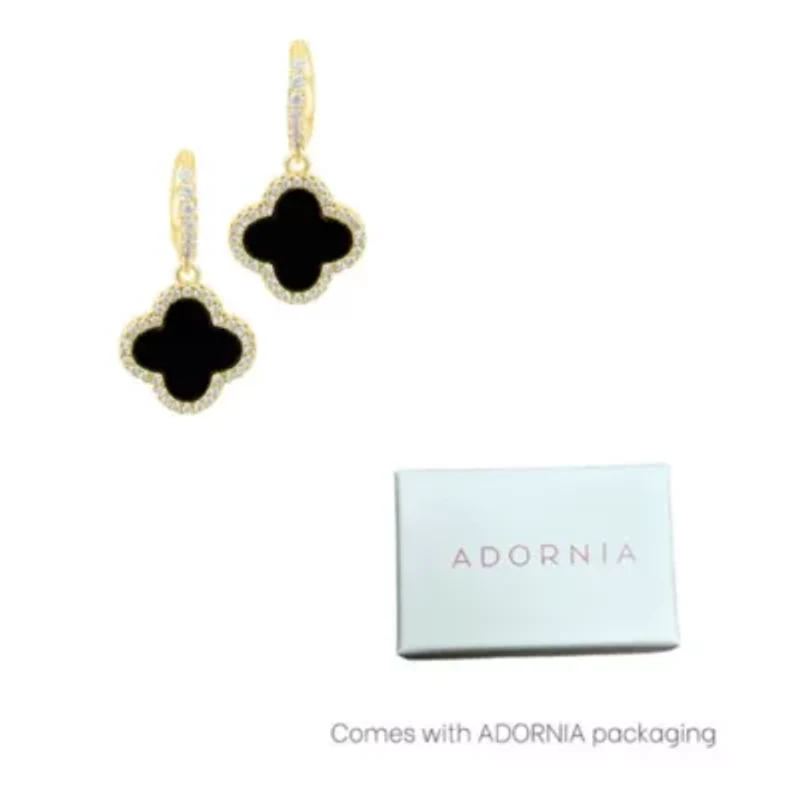 14k Gold Plated Crystal Halo Black Clover Dangle Huggie Earrings