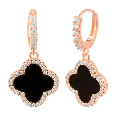 14k Rose Gold Plated Crystal Halo Black Clover Dangle Huggie Earrings