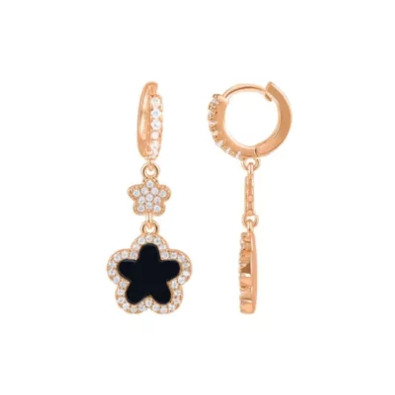 14k Rose Gold Plated Black CZ Clover Earrings
