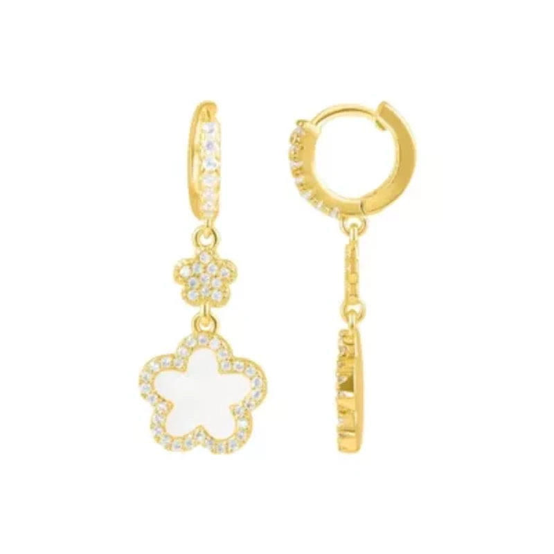 14k Yellow Gold Plated White CZ Clover Earrings