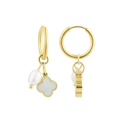 Tarnish Resistant 18k Gold Plated Freshwater Pearl Clover Hoop Earrings