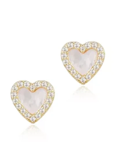 14k Gold Plated Mother of Pearl Mini Halo CZ Heart Studs