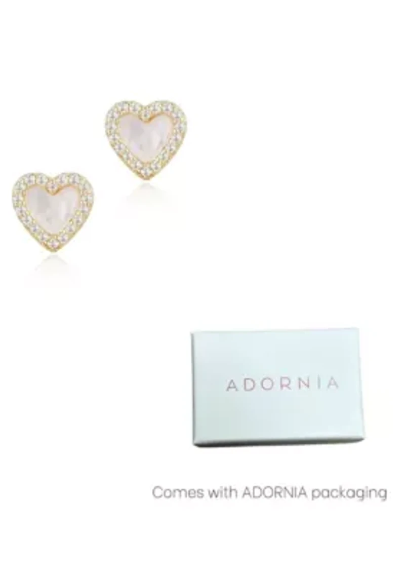 14k Gold Plated Mother of Pearl Mini Halo CZ Heart Studs