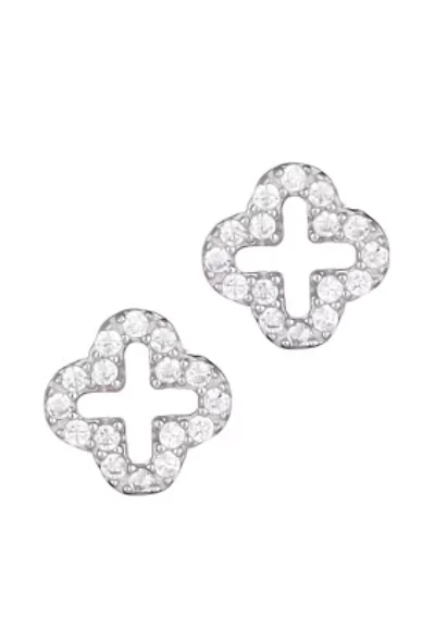.925 Sterling Silver Mini Clover CZ Outline Studs