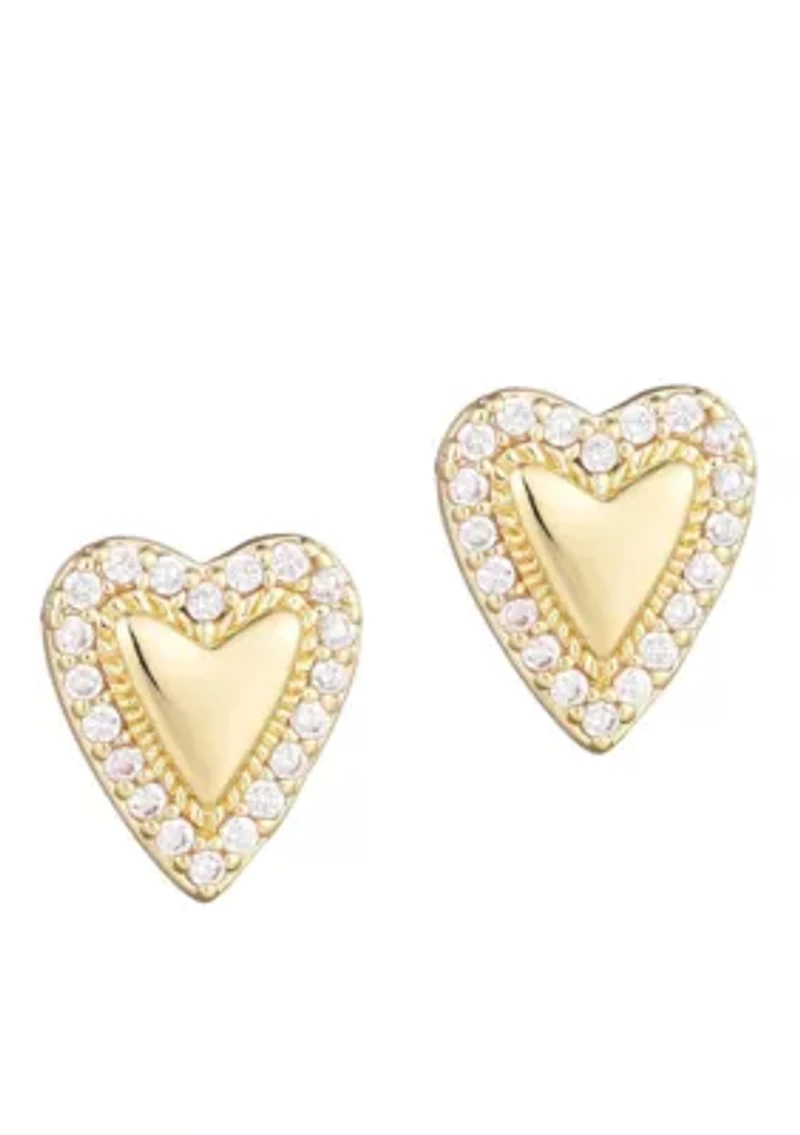 14k Gold Plated Puffy Mini Halo CZ Heart Stud Earrings