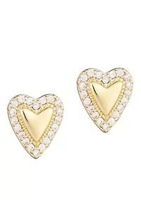14k Gold Plated Puffy Mini Halo CZ Heart Stud Earrings