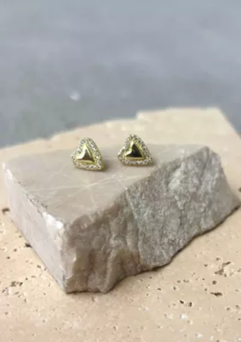 14k Gold Plated Puffy Mini Halo CZ Heart Stud Earrings