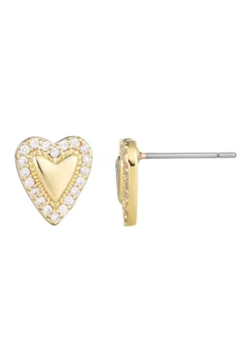 14k Gold Plated Puffy Mini Halo CZ Heart Stud Earrings
