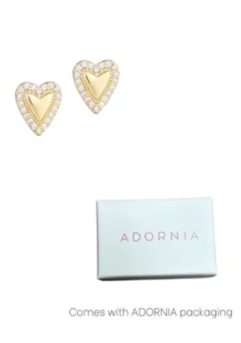 14k Gold Plated Puffy Mini Halo CZ Heart Stud Earrings