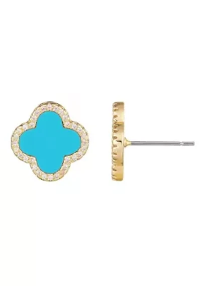14k Gold Plated Turquoise Halo CZ Clover Stud Earrings