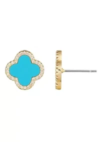 14k Gold Plated Turquoise Halo CZ Clover Stud Earrings