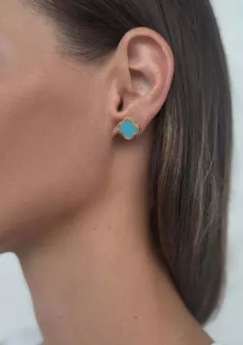 14k Gold Plated Turquoise Halo CZ Clover Stud Earrings