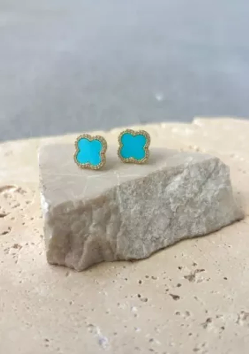 14k Gold Plated Turquoise Halo CZ Clover Stud Earrings