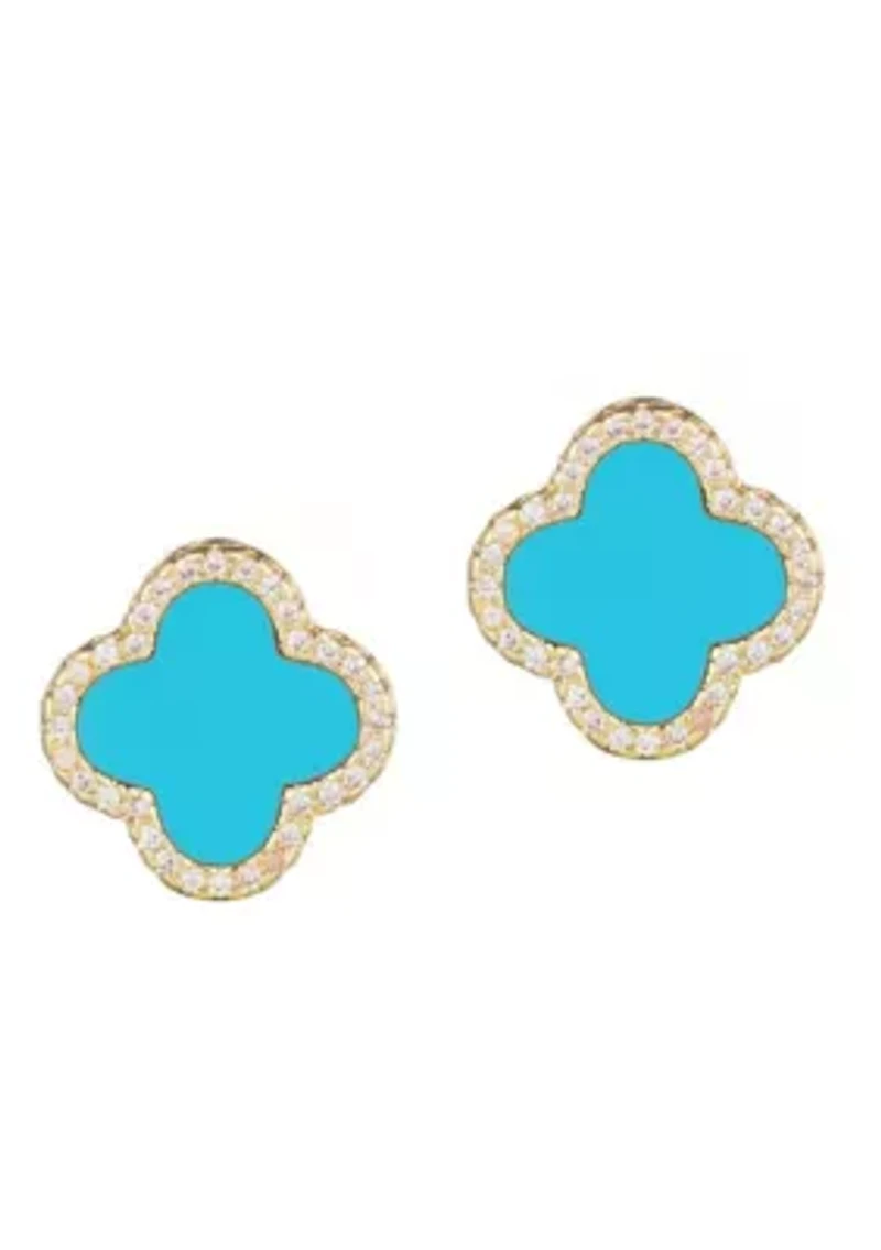 14k Gold Plated Turquoise Halo CZ Clover Stud Earrings